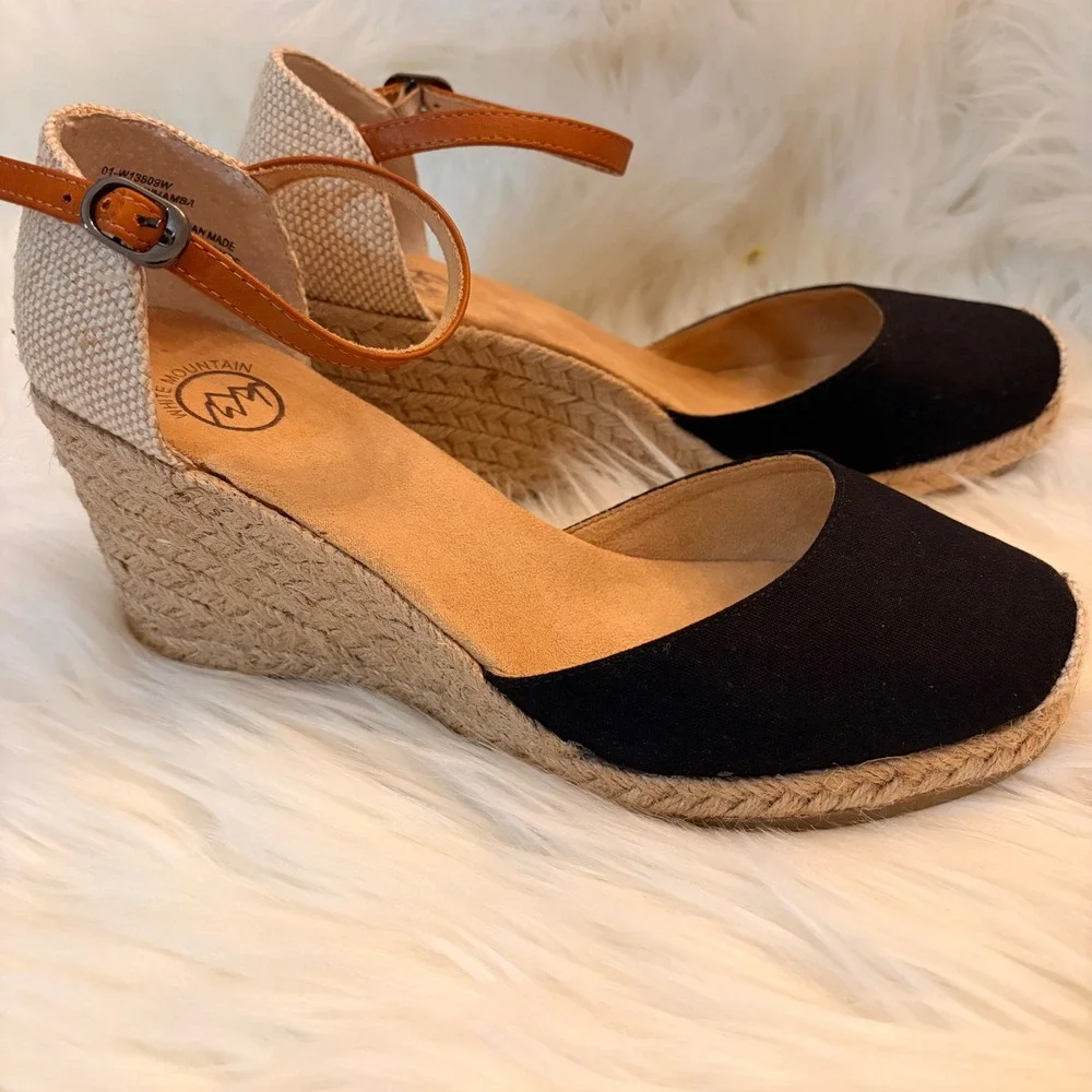 White Mountain Mamba Wedge Sandals Womens 8.5W Black Tan Excellent Espadrille